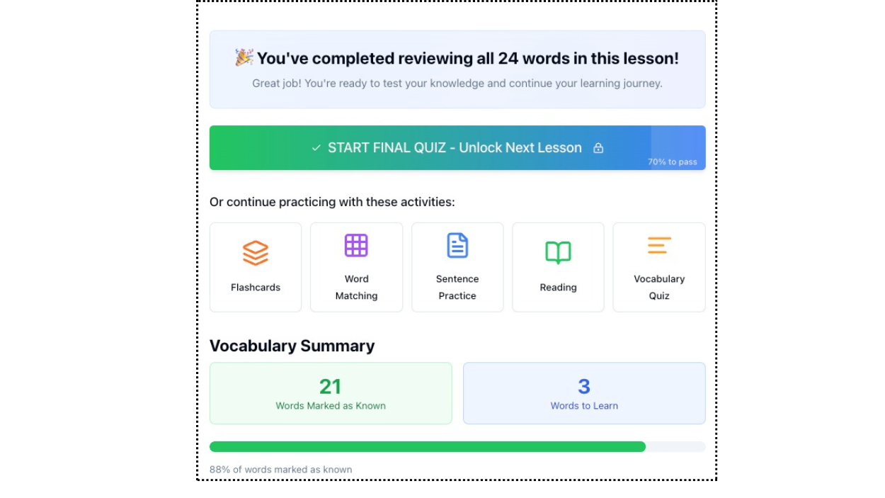 Hebrew vocabulary learning dashboard with interactive exercises